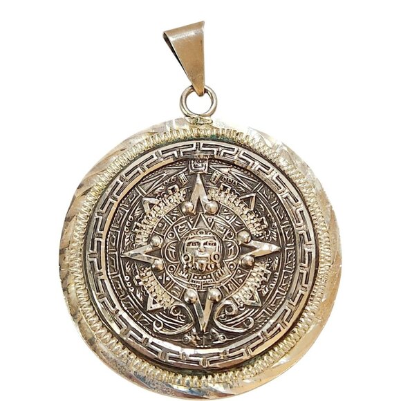 VTG Aztec Mayan Calendar Pendant Sterling Silver Mexico Taxco 925 Big Heavy 42g